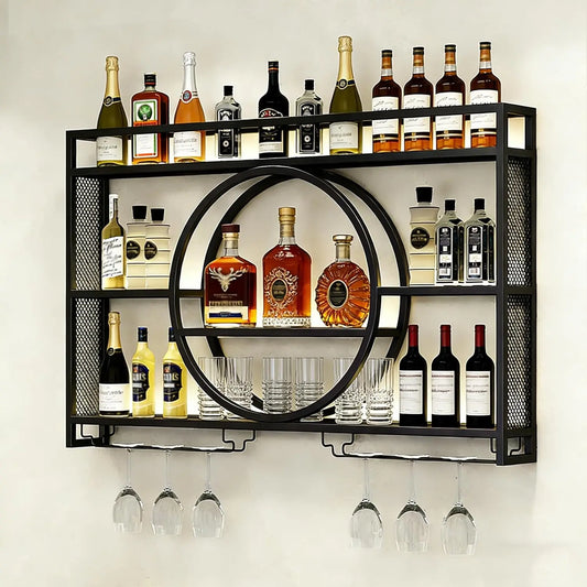 Wall Mounted Wine Rack With LED Lights Iron Floating Shelf