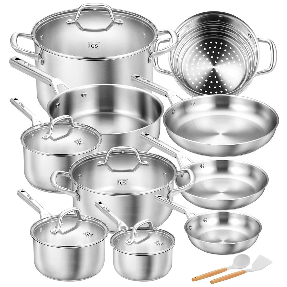KOCH SYSTEME CS Stainless Steel Pots and Pans Set 17Pcs Professional Cooking Frying Pan Sauce Pan Soup Pot Induction Compatible