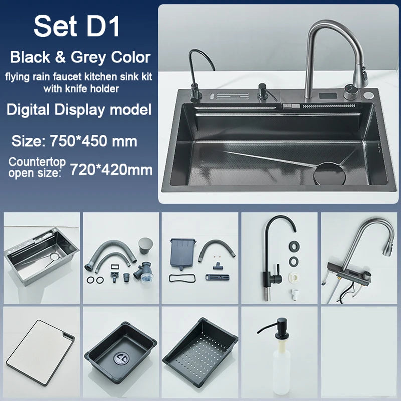 Stainless Steel Kitchen Sink with Faucet 75*45cm Large Single Bowl Digital Display Dish Basin Sink Waterfall Hot Cold Faucets