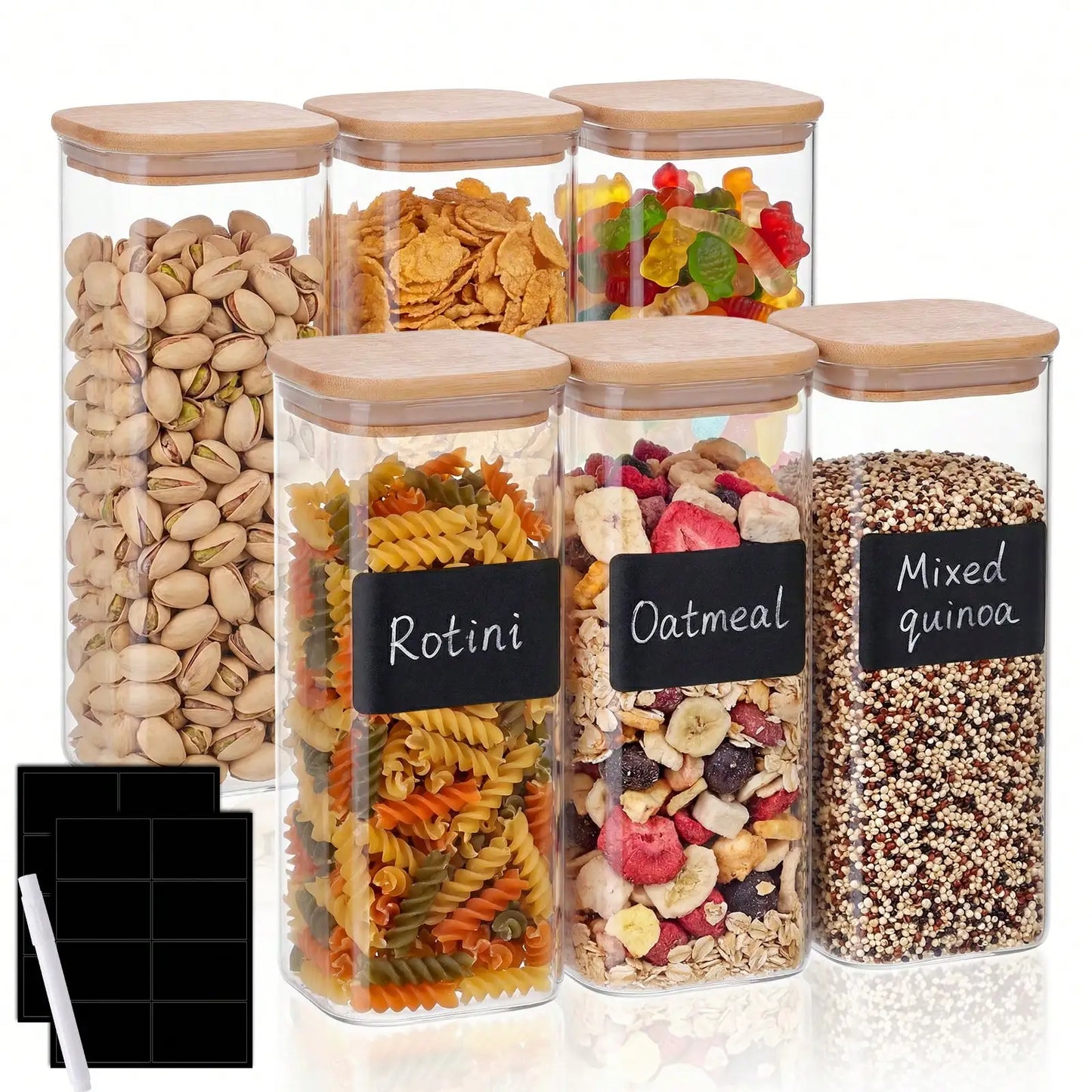Glass Food Storage Containers Modern Nordic Kitchen Storage Canister Clear Glass With Bamboo Lid 6Pcs Set 1L 34oz Airtight Leakproof For Kitchen Pantry Organization Flour Pasta Coffee