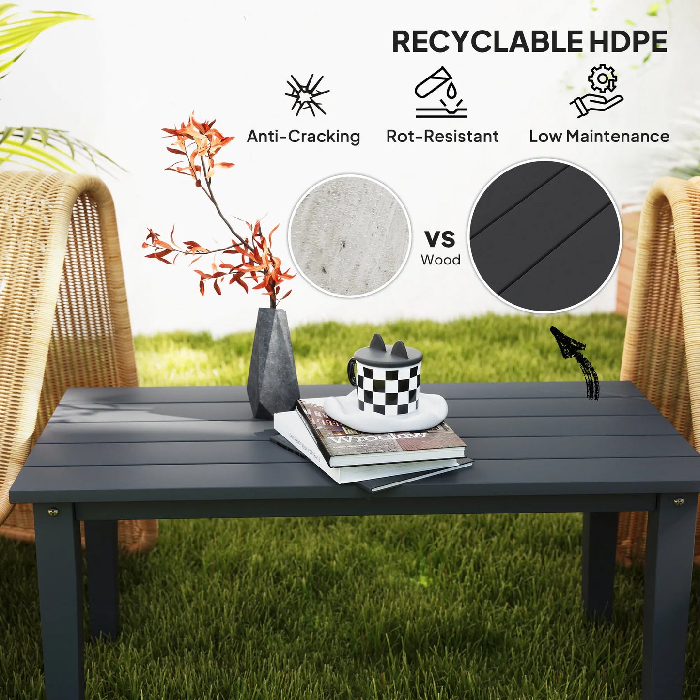 Hdpe Outdoor Coffee Table, Rectangle Slatted Patio Table, Black