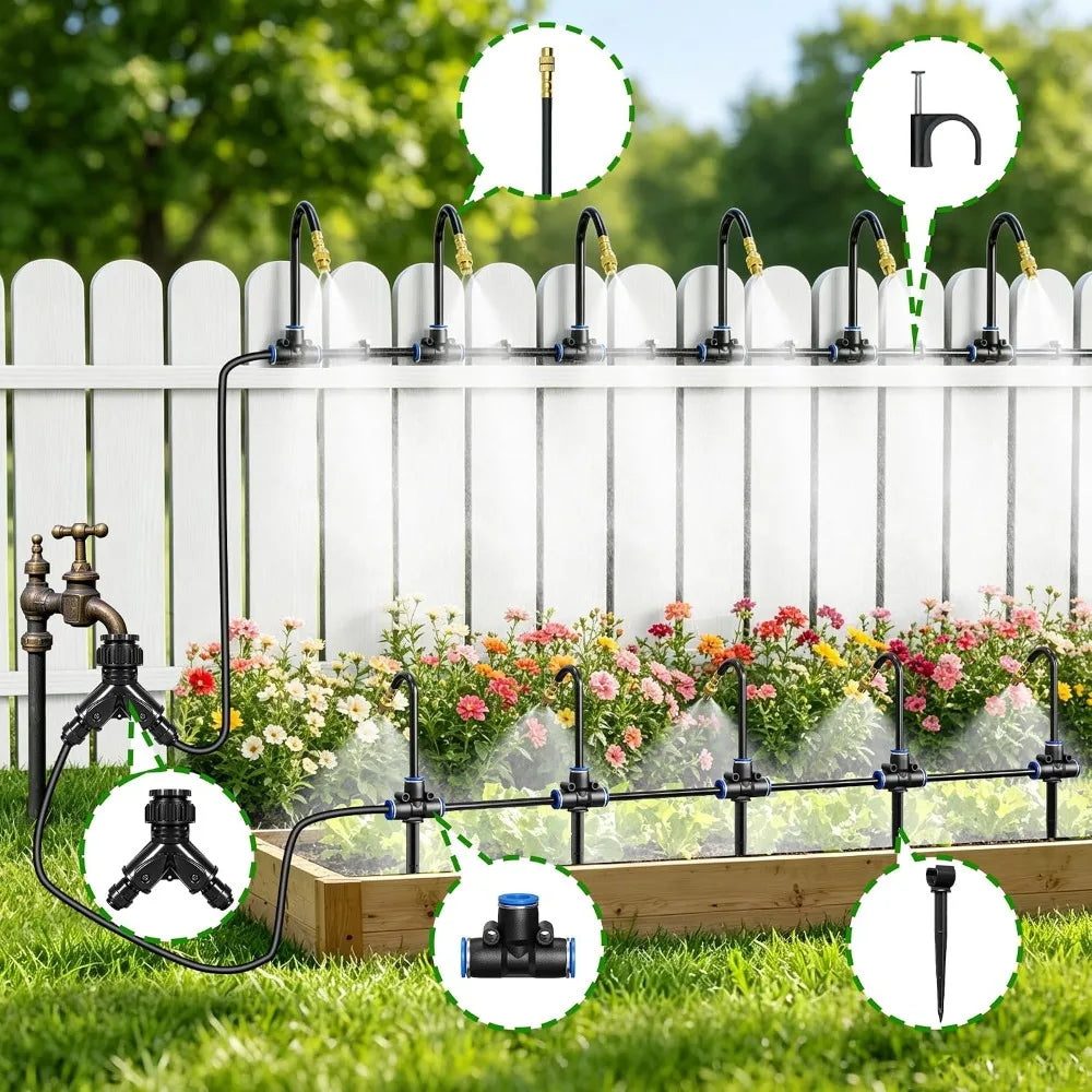 200Ft 360° Adjustable Irrigation System With Stake Holders, 1/4" Tubing, 32 Nozzles, Automatic Watering Misting Sprinkler For Garden, Raised Bed, Lawn, Plants