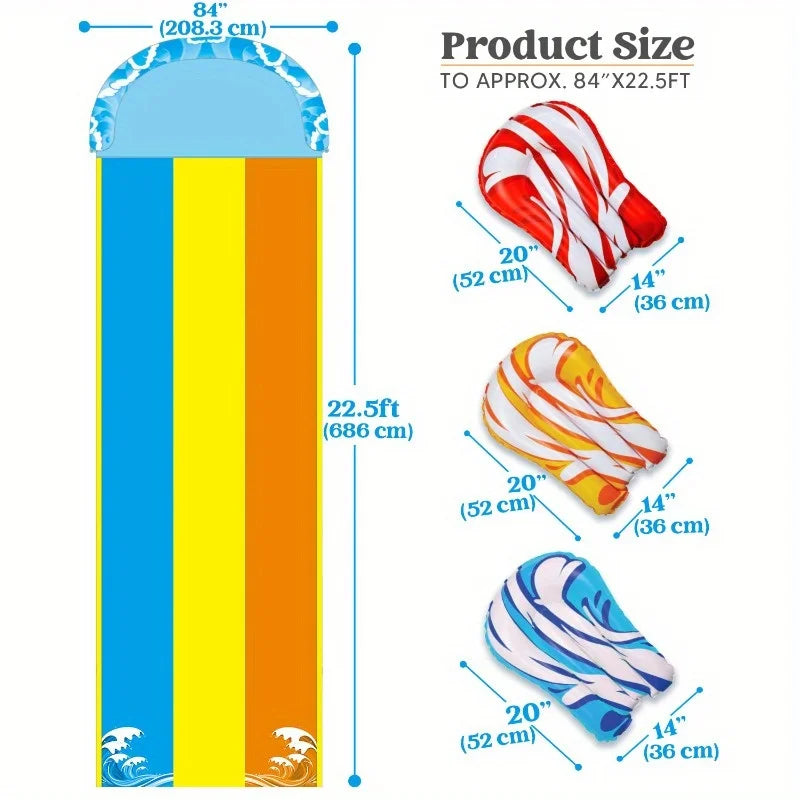 Joyfy 22.5ft Triple Water Slide Heavy Duty Lawn Water Slip and Slides with 3 Body Boards for Kids Adults Backyard Summer Party