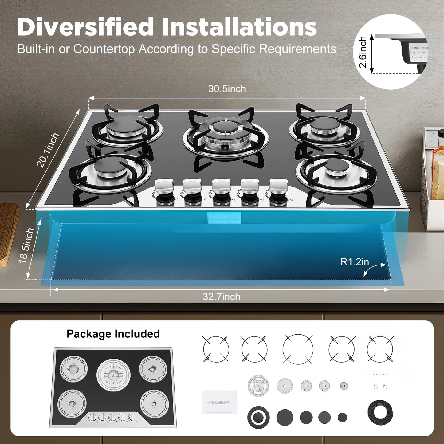 5 Burners Built-in Gas Stove, Dual Fuel NG/LPG Convertible Gas Hob, Oversized Cooking Surface 30.31*20.08” for Home Kitchens, Restaurants