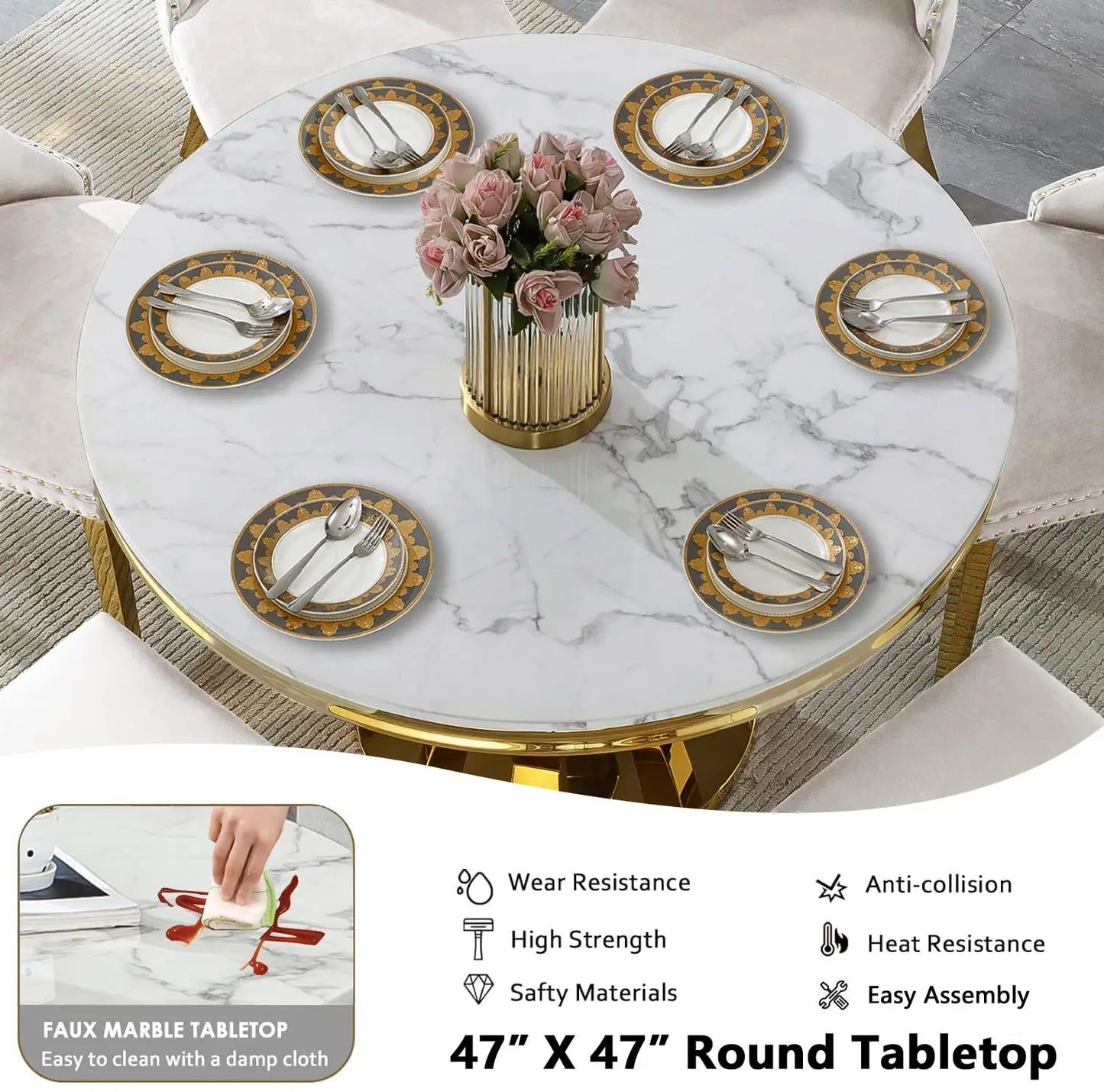 Modern Round Dining Table Set With Velvet Chairs