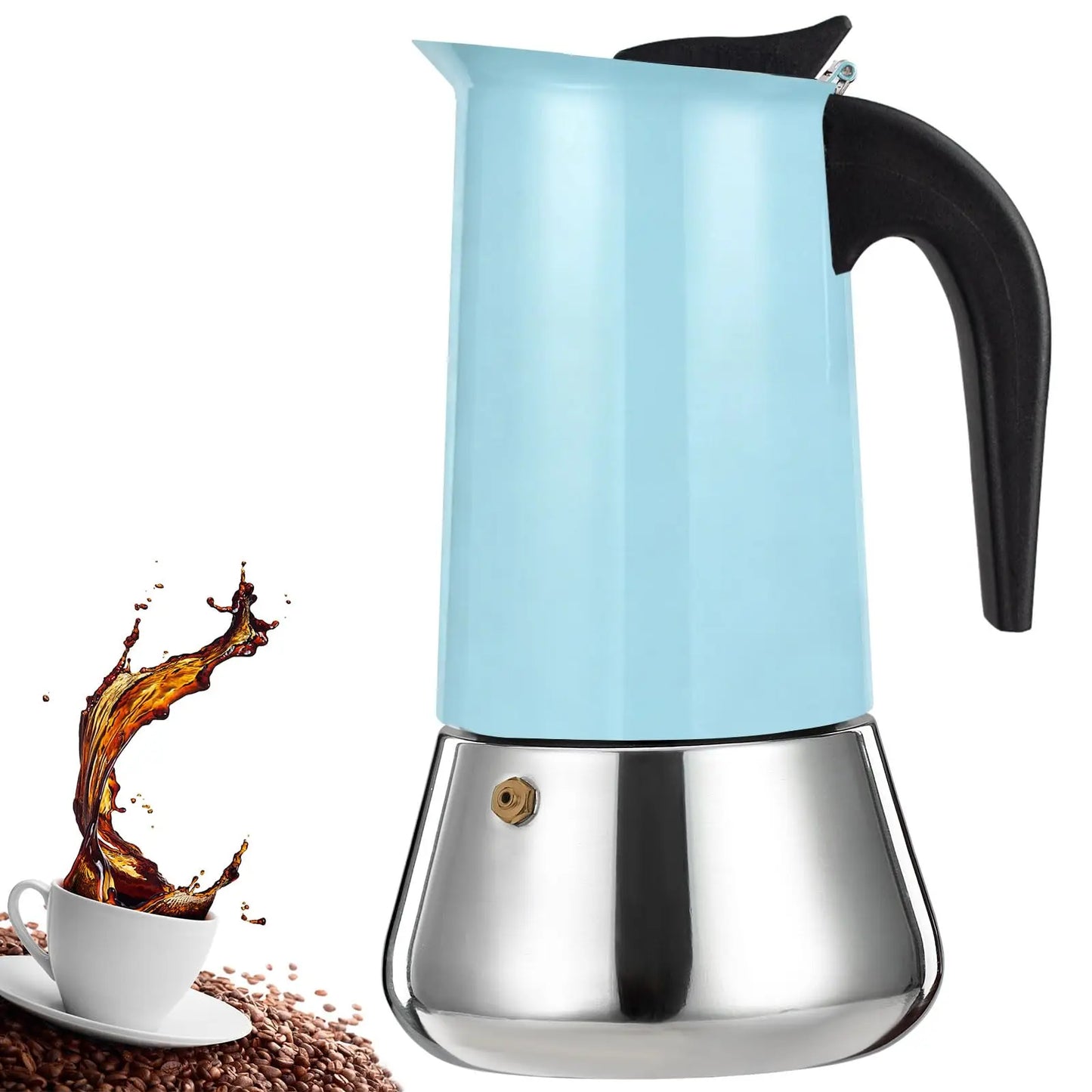 Food Grade Stainless Steel Stovetop Espresso Moka Pot with Safety Valve, Multi Capacity Italian Coffee Percolator, Gas Induction Camping Coffee Maker for Home Cafe Use