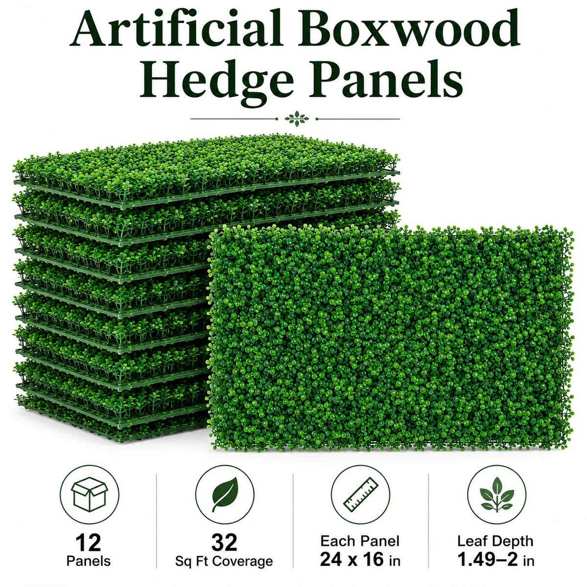 12/24 Pack 24x16 Inch Boxwood Hedge Panels, 32/64 Sq Ft, 1.6" UV Resistant Artificial Plant Wall, Privacy Screen for Garden & Backyard