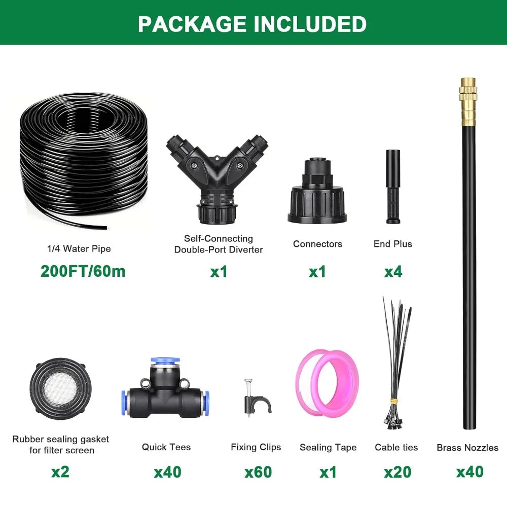 200ft Drip Irrigation Kit with 40 Adjustable Copper Nozzles, DIY Watering System for Garden, Lawn, Greenhouse & Raised Beds