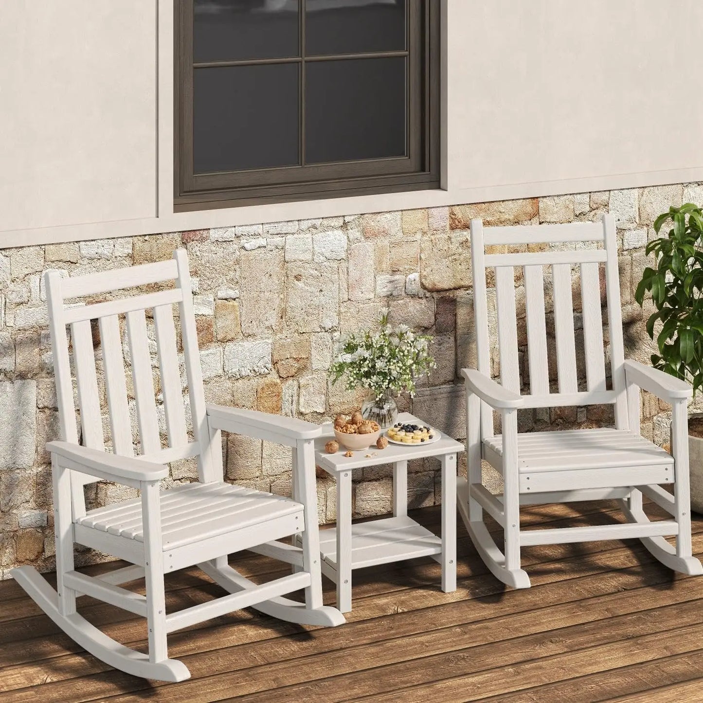 HiMISS Outdoor HDPE Lumber Rocking Chair Set With Side Table