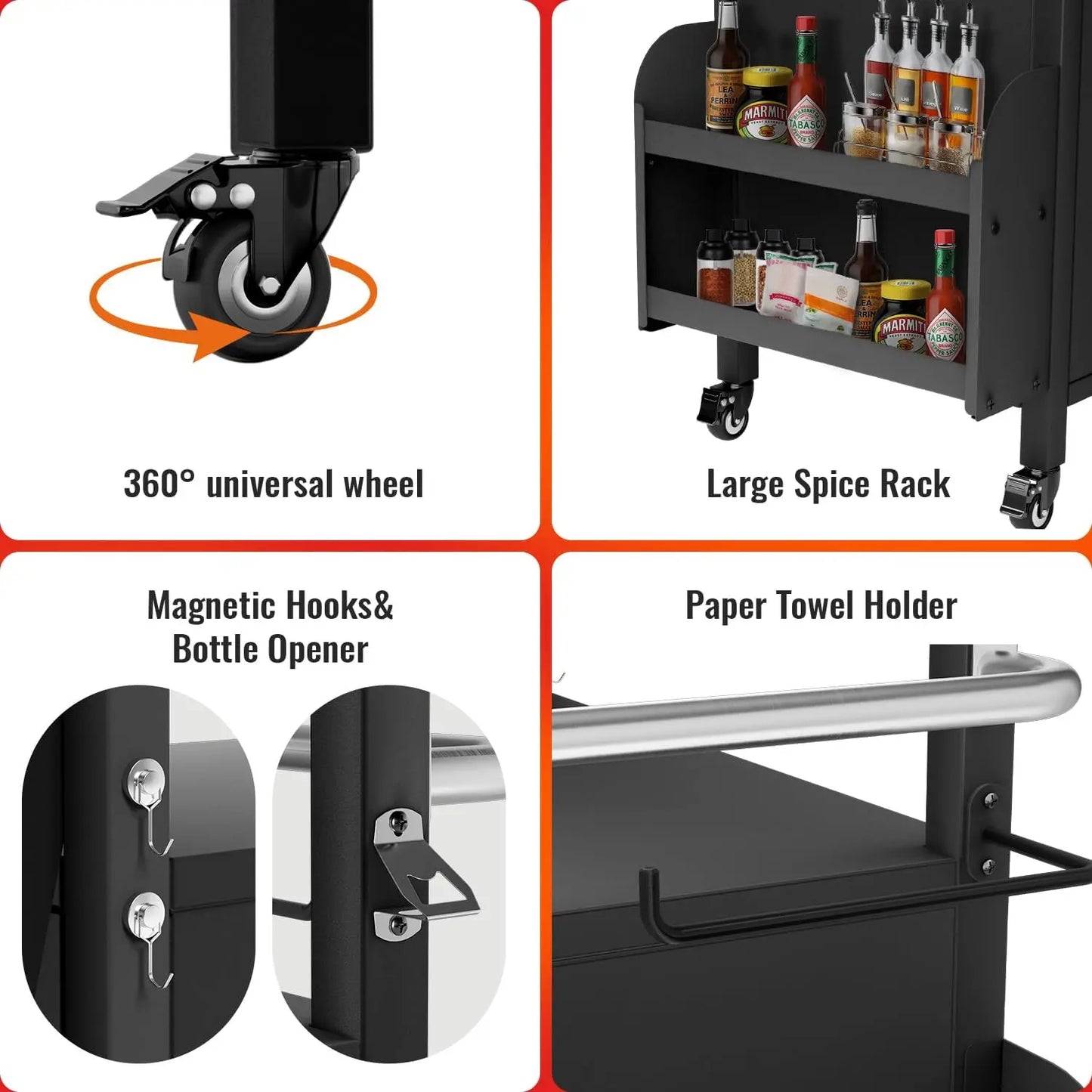 Outdoor Grill Cart With Cabinet And Lockable Wheels Stainless Steel