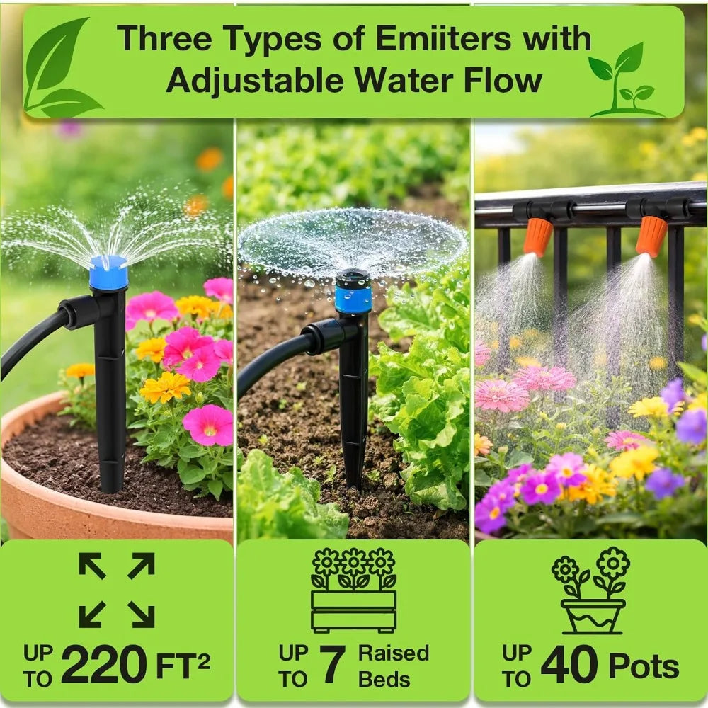 250FT Drip Irrigation System - Quick Connect Garden Misting Kit with Adjustable Nozzles for Indoor Outdoor Potted Plants Lawn Greenhouse
