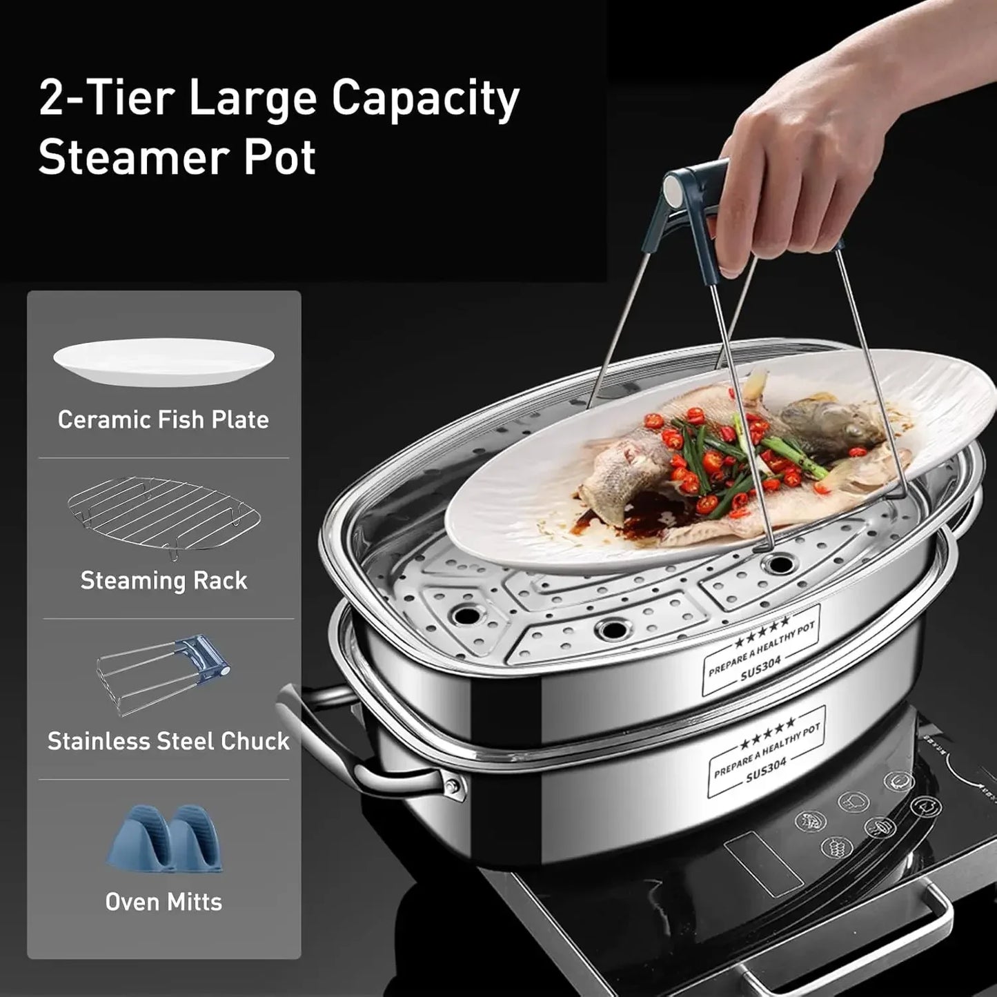 Two Tier Stainless Steel Fish Steamer Stockpot Cookware With Rack