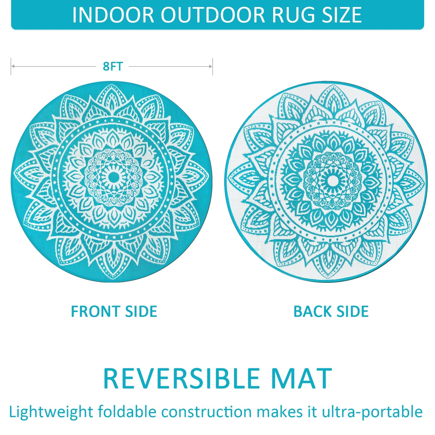 Round Outdoor Rug Reversible Waterproof Plastic Straw Mat Portable RV