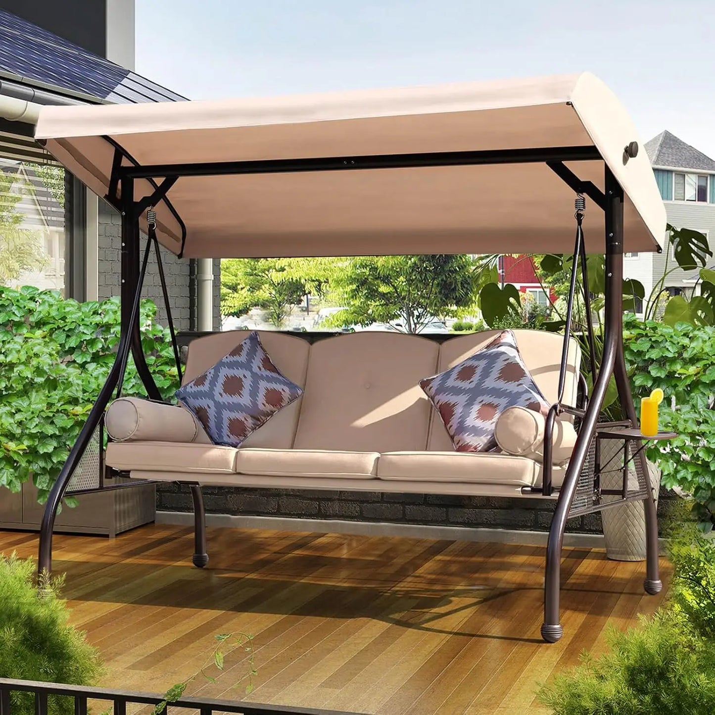 Patio Porch Swing, 3-Seat Outdoor Swing with Adjustable Canopy, Waterproof Fabric Cushion, Pillow and Foldable Side, Customized