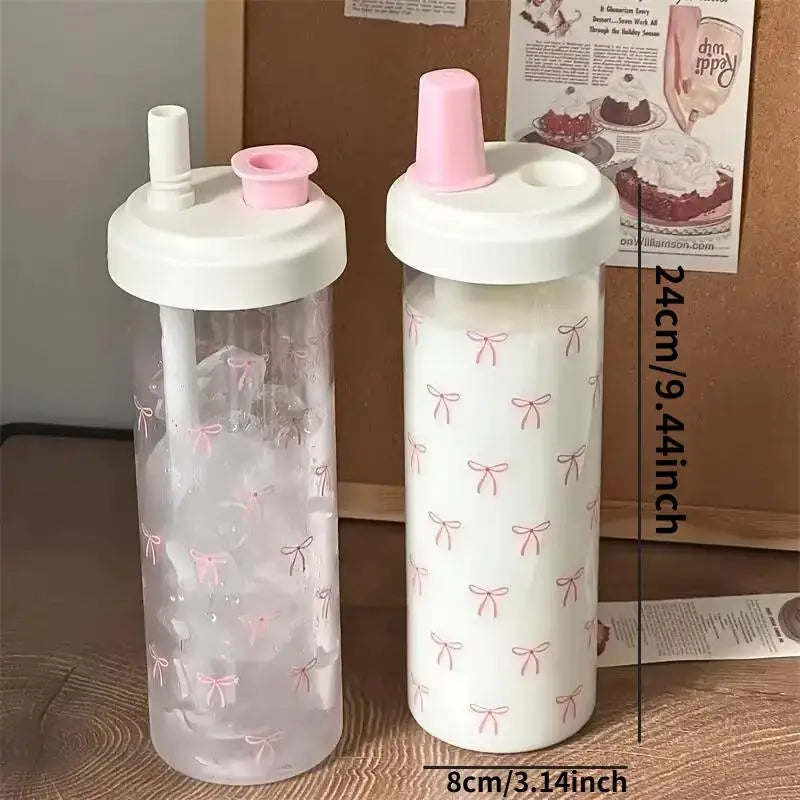 500/700ml Portable Plastic Bowknot Water Cup with Straw,Cute Coffee Pearl Milk Tea Drink Cup,Large Capacity Student Water Bottle