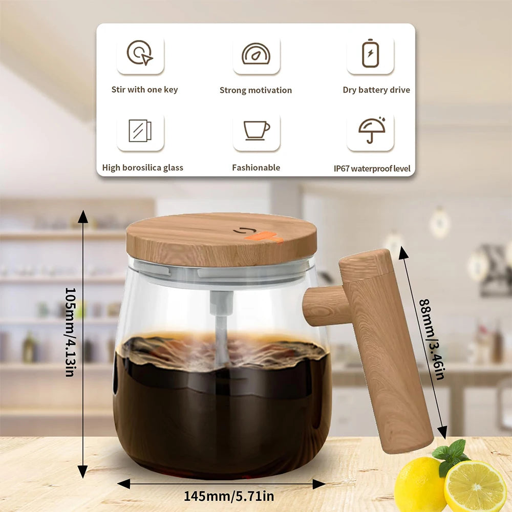 USB Dry Battery Powered Self Mixing Coffee Cup Large Capacity Automatic Stirring Glass Mug Leakproof Wooden Lid Electric Blender Cup for Home Office Travel
