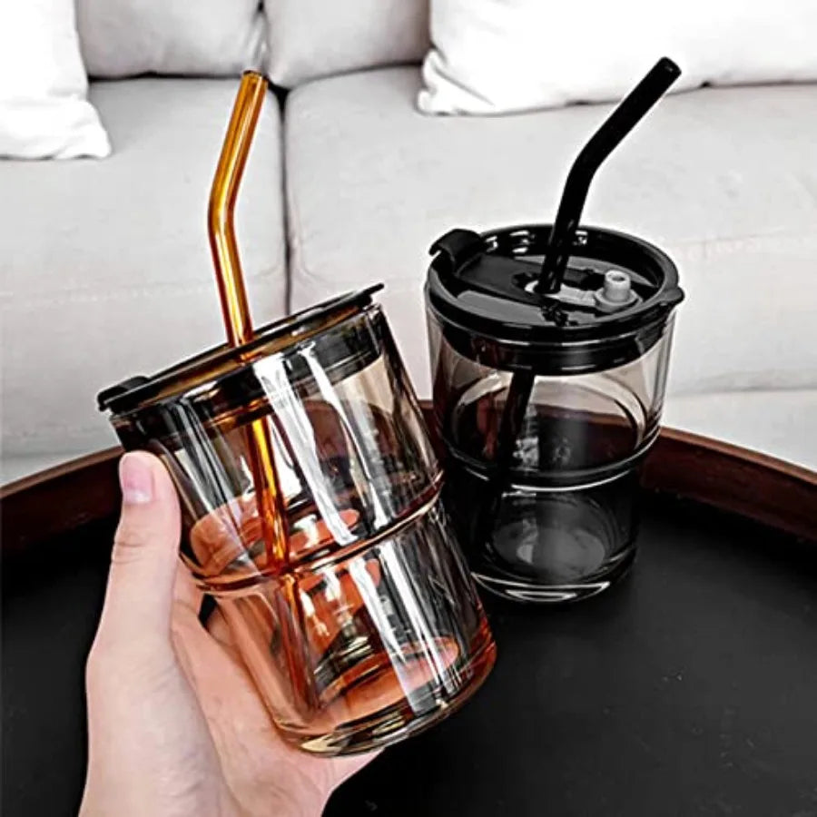 Glass Tumbler Bottle With Straw Dustproof Lid Double Wall Insulated