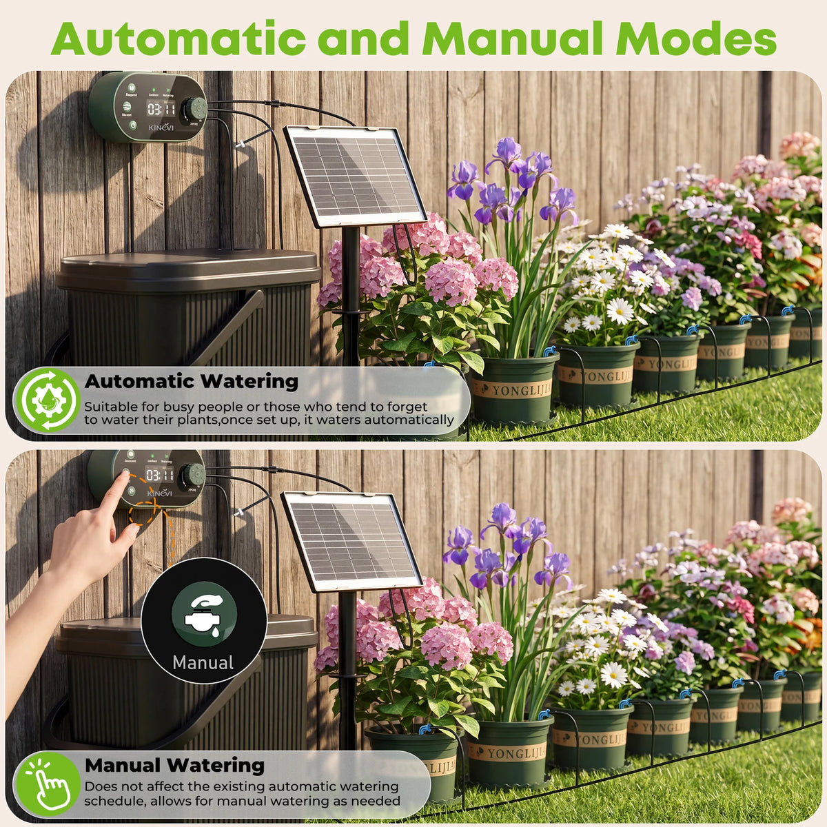 Solar Drip Irrigation System, 3W Automatic Watering System Built in 2200mAh Battery, with 22 Timing Modes 15m Hose&Anti-Siphoning, Suitable for Indoor Outdoor Plants Vegetables Shrubs