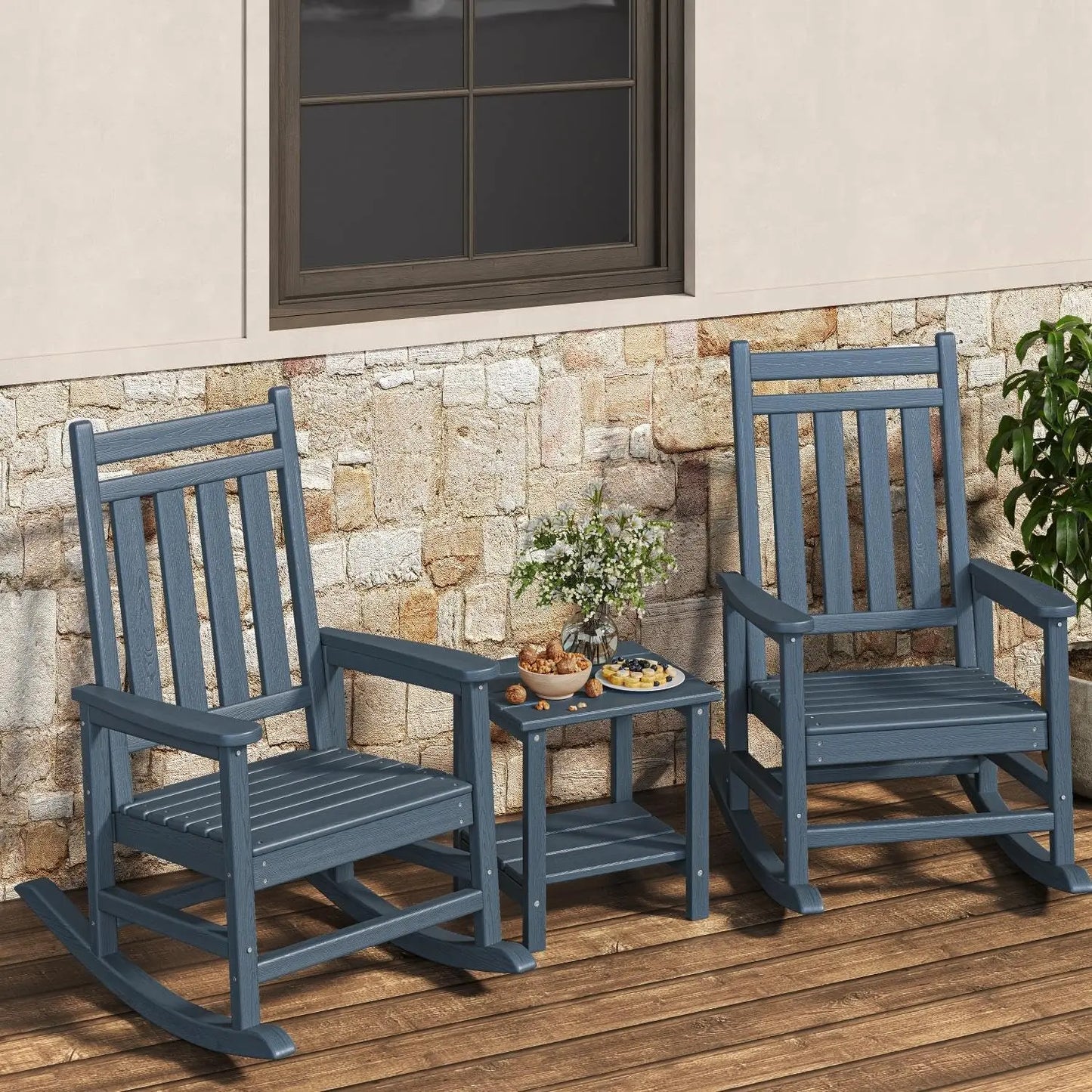 HiMISS Outdoor HDPE Lumber Rocking Chair Set With Side Table