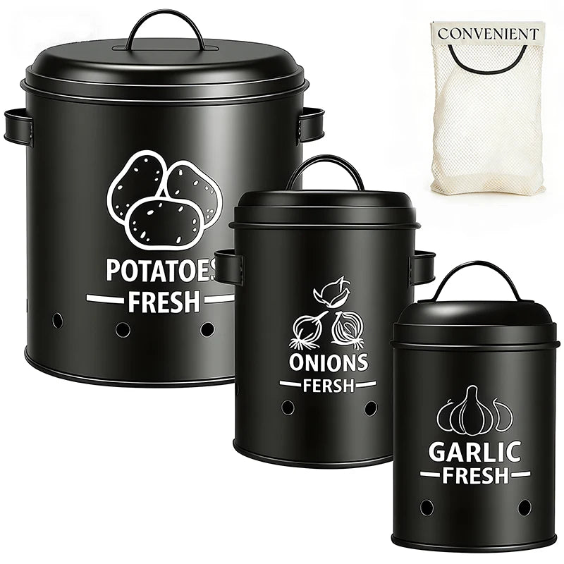 Metal Potato Onion & Garlic Storage Containers with Lids & Air Holes – Stackable 3 Sizes Space-Saving for Kitchen Counter Black