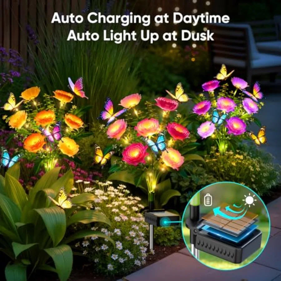 Solar Flowers Lights Outdoor Waterproof: LED Solar Lights Decorative for Outside Garden Decor with Butterfly Auto-On/Off for Ya