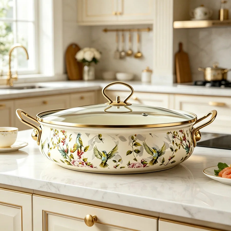 VAETTLO Vintage Enamel Stock Pot With Glass Lid For Stovetops