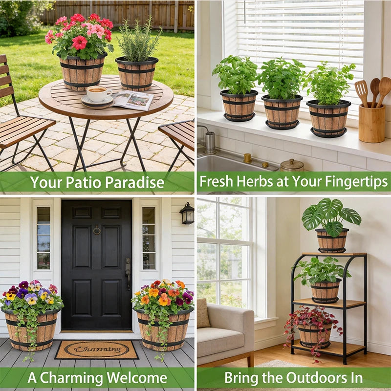Resin Indoor Flower Planter Barrel Style Plant Pot For Home Garden