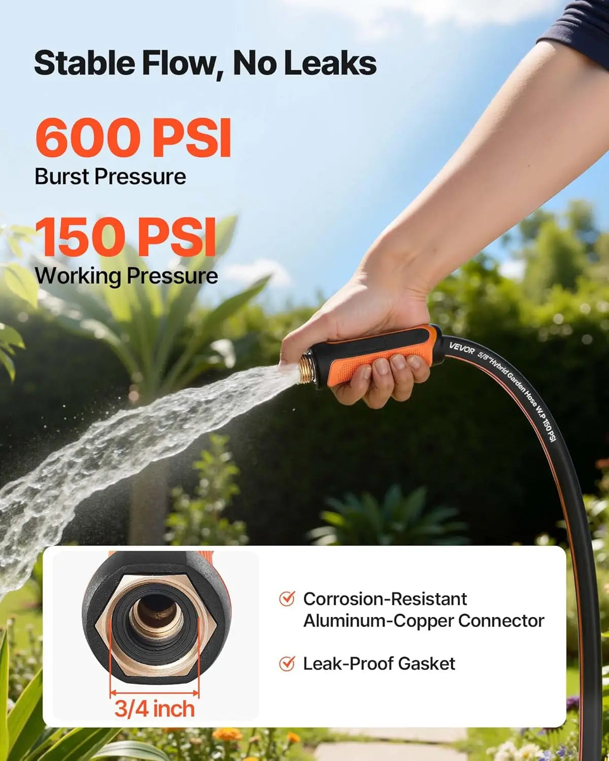 Heavy Duty Garden Hose 100 ft 5/8", 4-Layer Rubber Water Hose with 150PSI Working & 600PSI Burst, Flexible Non-Kink Outdoor Hose