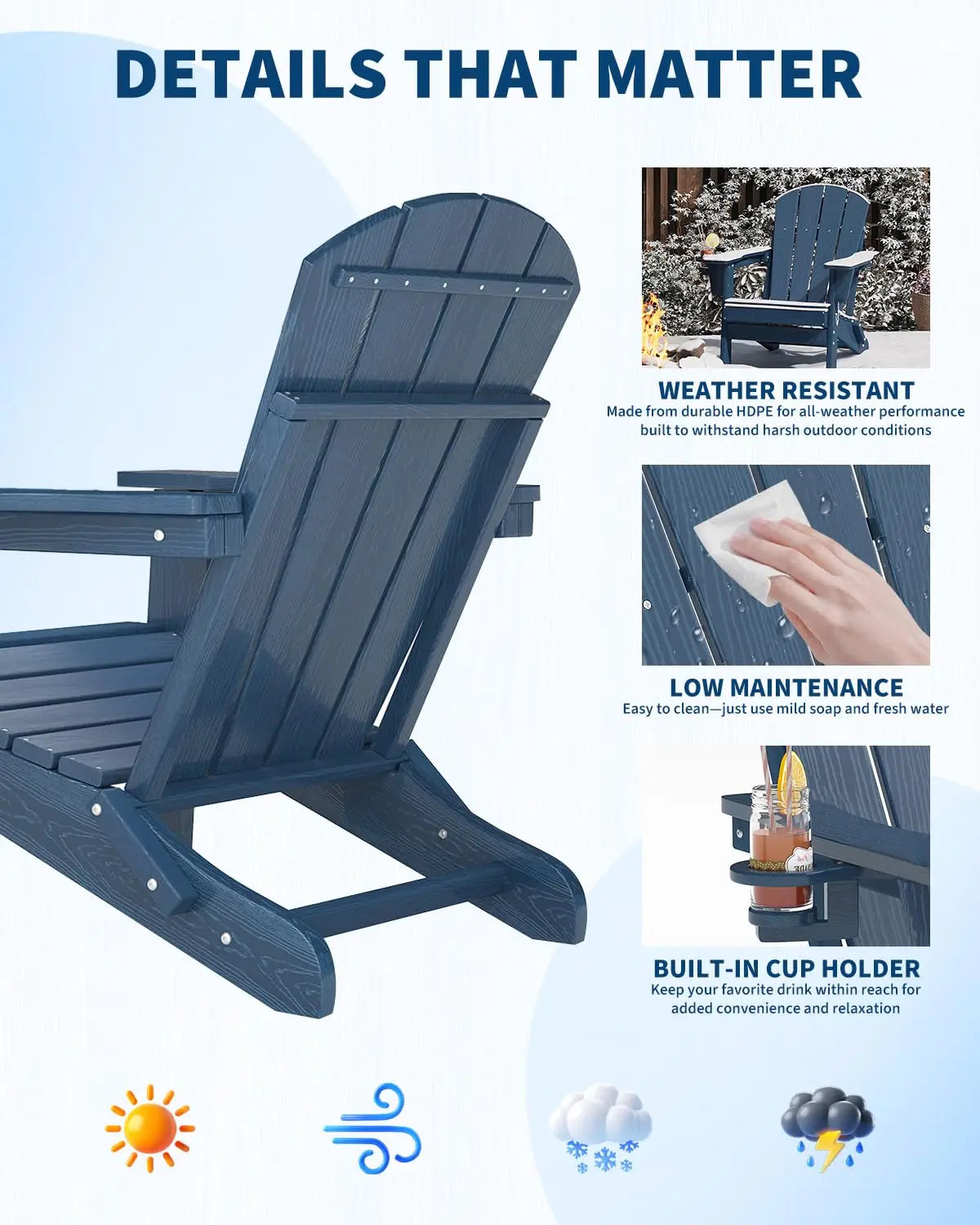 HiMISS Folding Adirondack Chair With Cup Holder HDPE