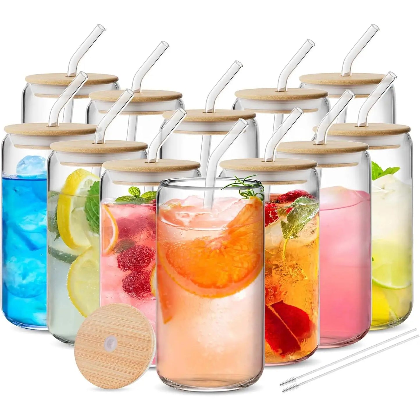 Glass Cups Set With Bamboo Lids Glass Straws And Brushes