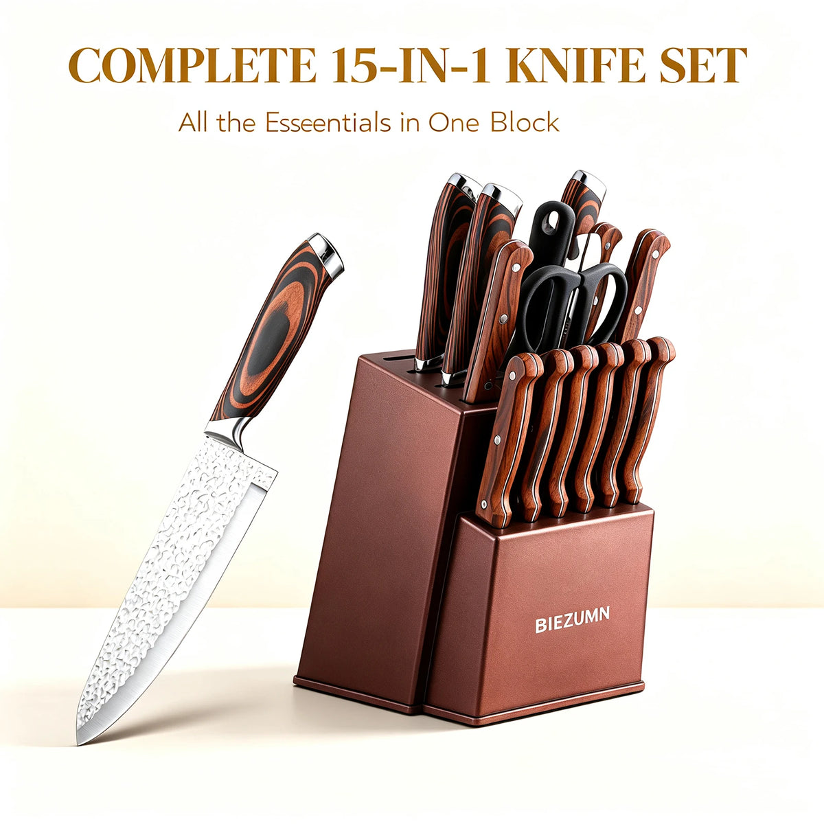 6/15Pcs Hammer Forged Kitchen Knife Set Pakka Wooden Handle Sharp Chef Knives Collection with Storage Block Scissors for Home Kitchen Cooking