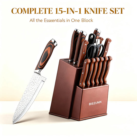6/15Pcs Hammer Forged Kitchen Knife Set Pakka Wooden Handle Sharp Chef Knives Collection with Storage Block Scissors for Home Kitchen Cooking