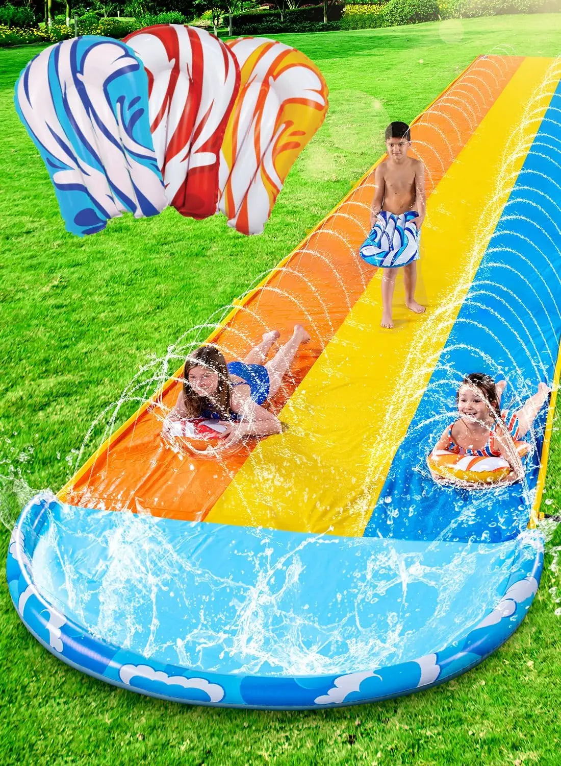 Joyfy 22.5ft Triple Water Slide Heavy Duty Lawn Water Slip and Slides with 3 Body Boards for Kids Adults Backyard Summer Party