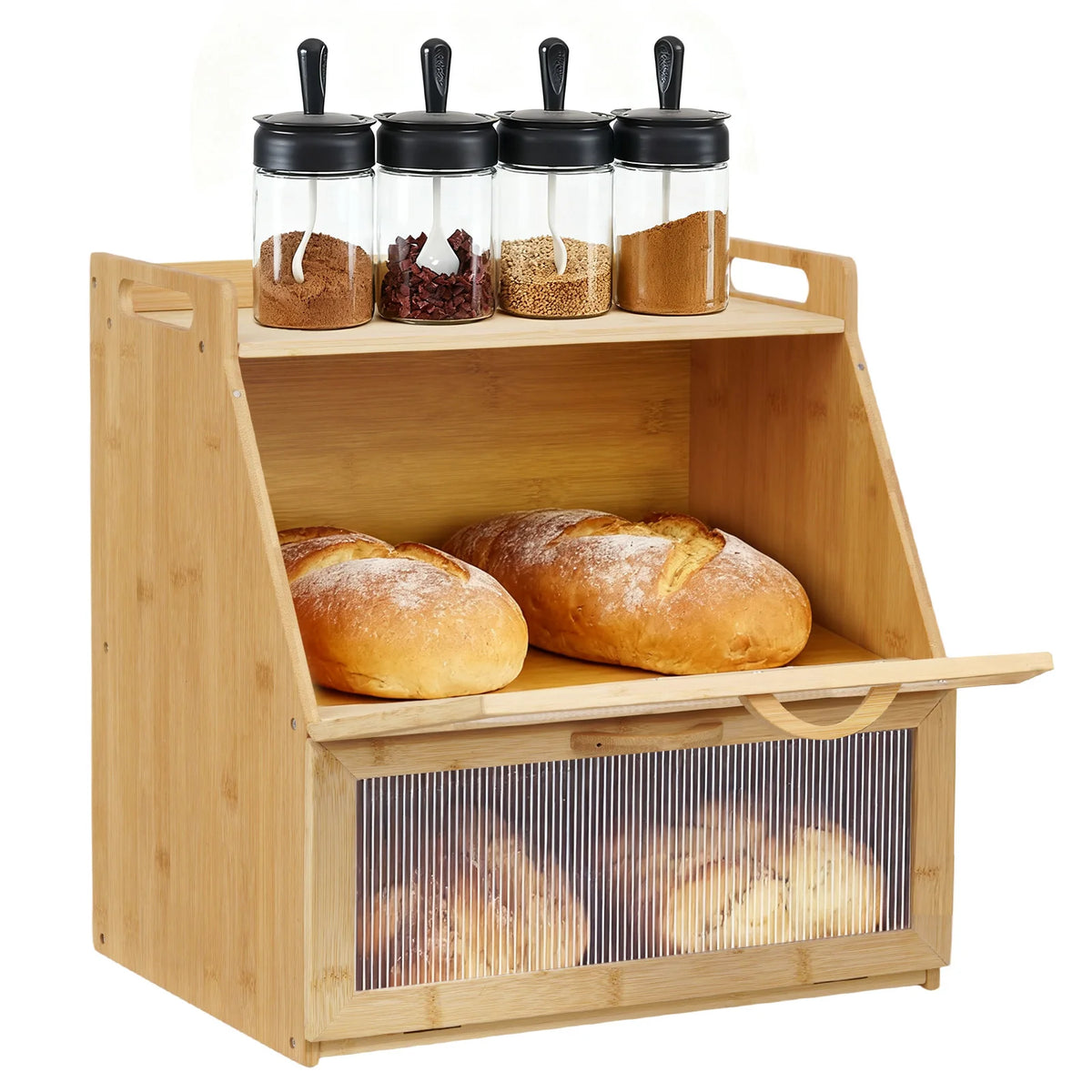 Double Layer Wooden Bread Storage Box Farmhouse Style Countertop Bread Keeper for Kitchen Food Storage