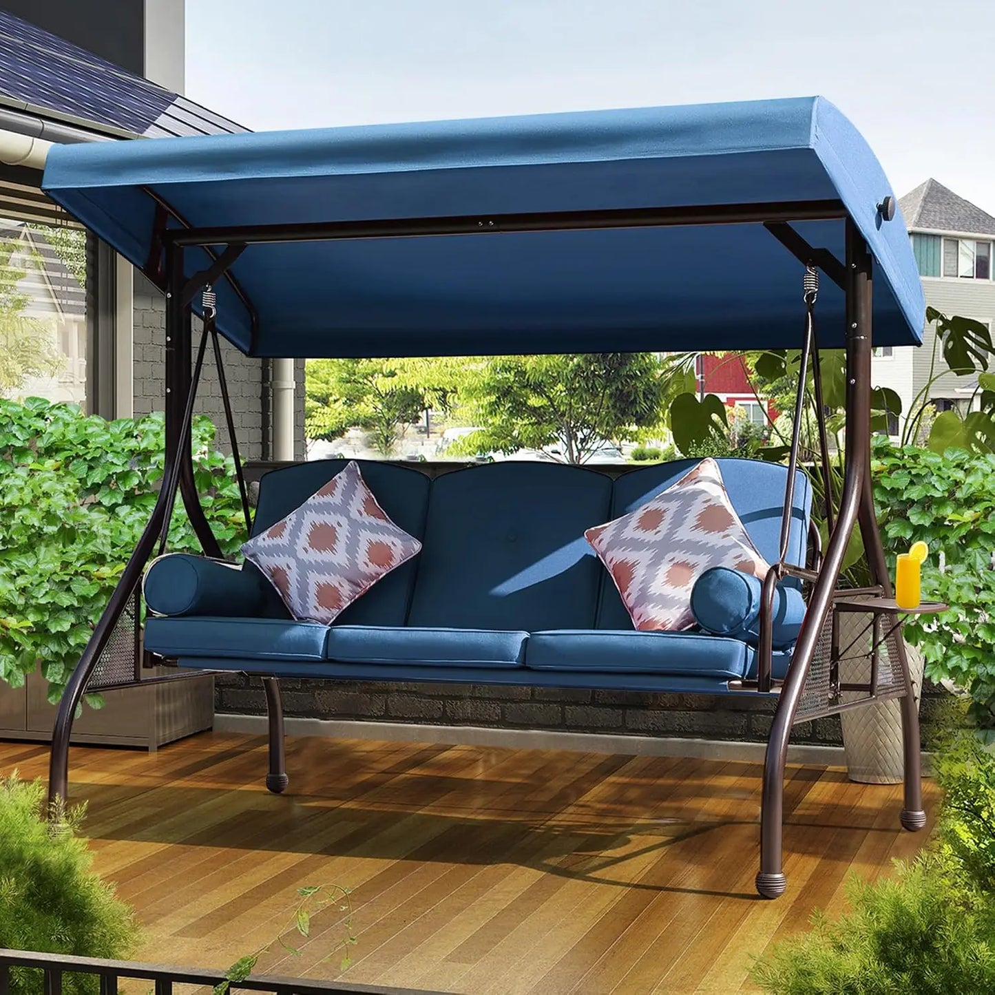 Patio Porch Swing, 3-Seat Outdoor Swing with Adjustable Canopy, Waterproof Fabric Cushion, Pillow and Foldable Side, Customized