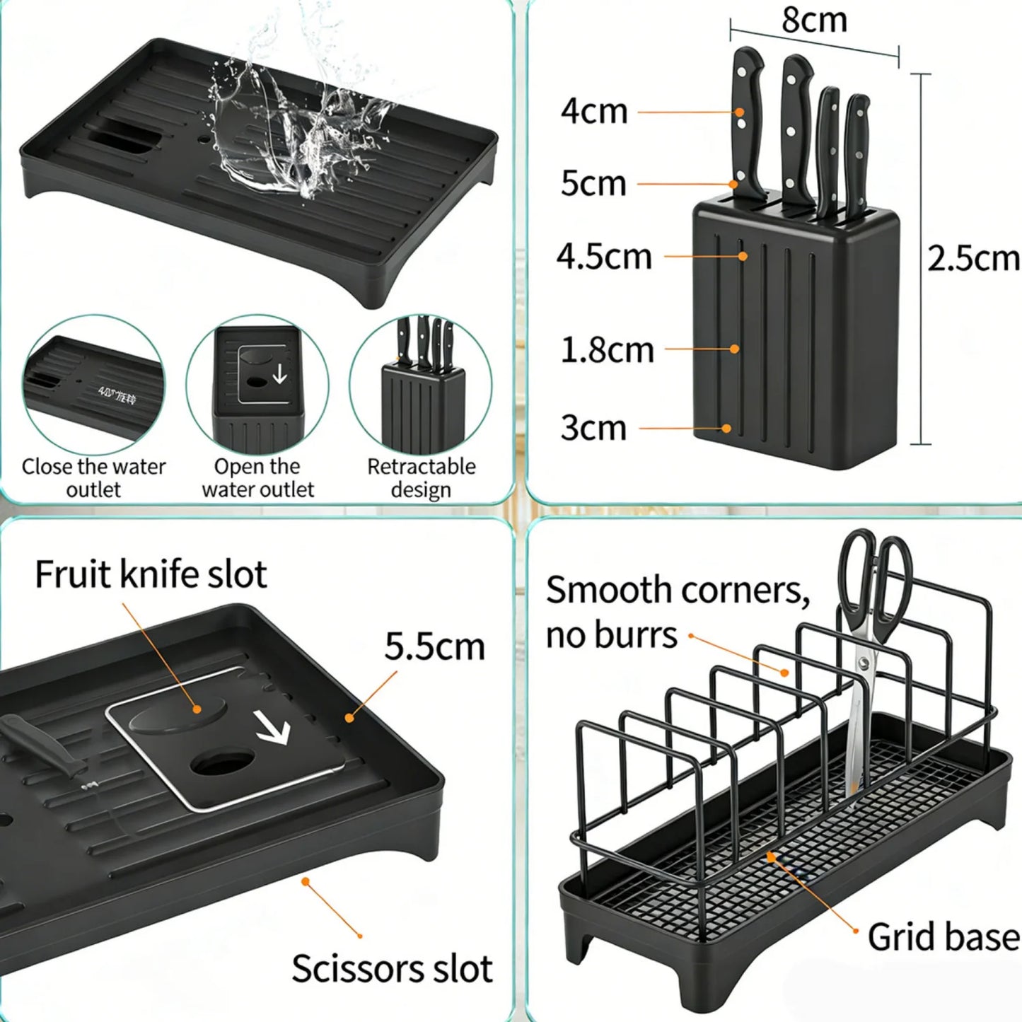2-Tier Dish Drying Rack with Drainage Tray, Large Capacity Metal Dish Rack with Cup Holder, Utensil Cutter Holder & Knife Slots, Multi-Functional Kitchen Countertop Dish Organizer for Plates Bowls Glasses