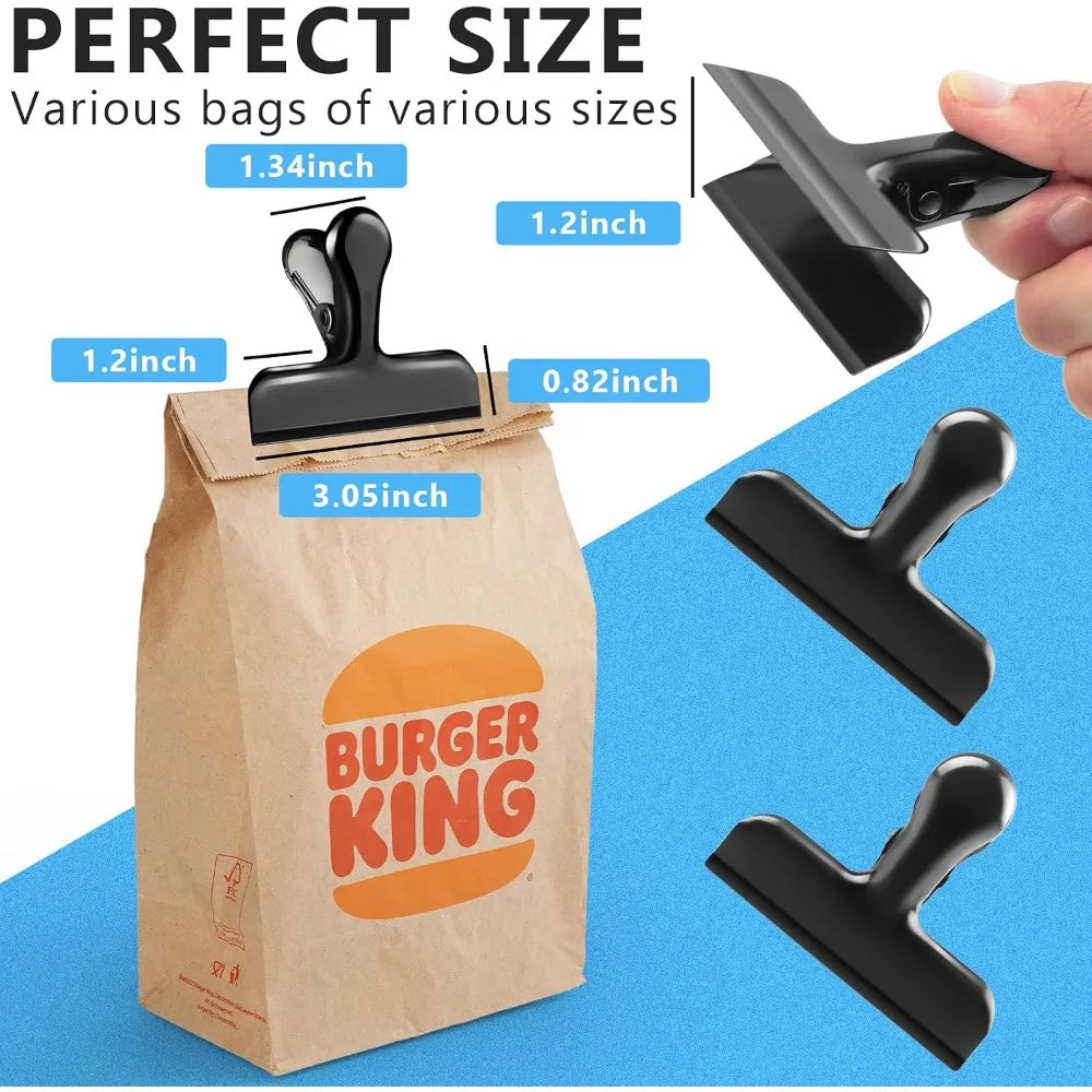 Heavy Duty Stainly Steel Chip Bag Clips 8 Pack Strong Food Bag Sealer Clamps for Kitchen Pantry Storage Keep Food Fresh Seal Coffee Snack Pet Food Bags Lock Tight Closure for Chips Cookies Nuts Candy Pasta Office and