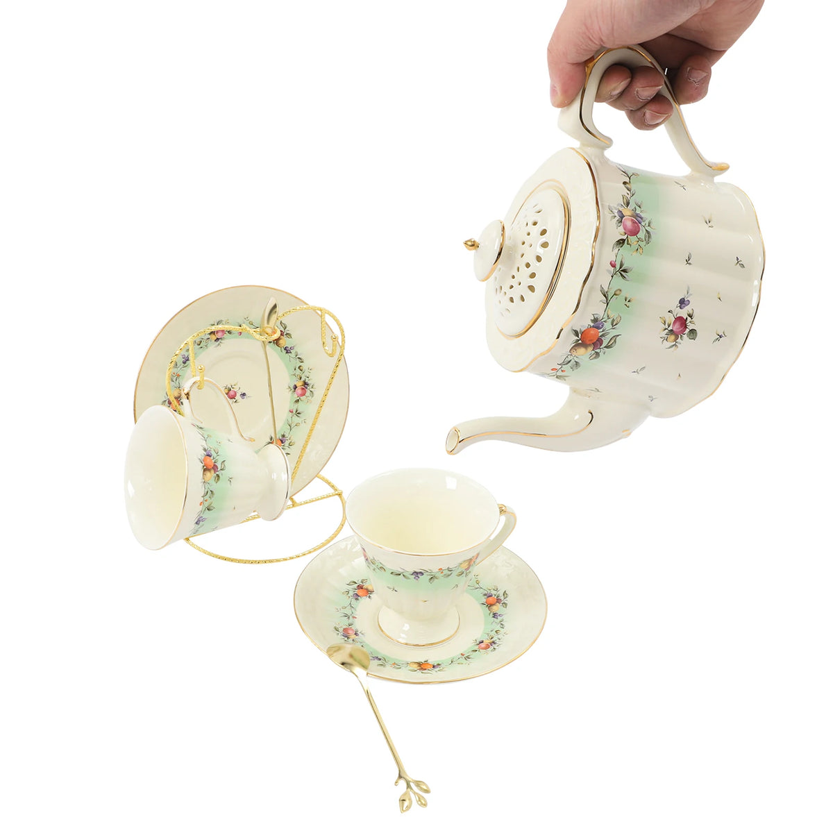 Porcelain Tea Set for 2, European Style Ceramic Tea Set with Teapot Cups Saucers, Includes Iron Stand 27oz