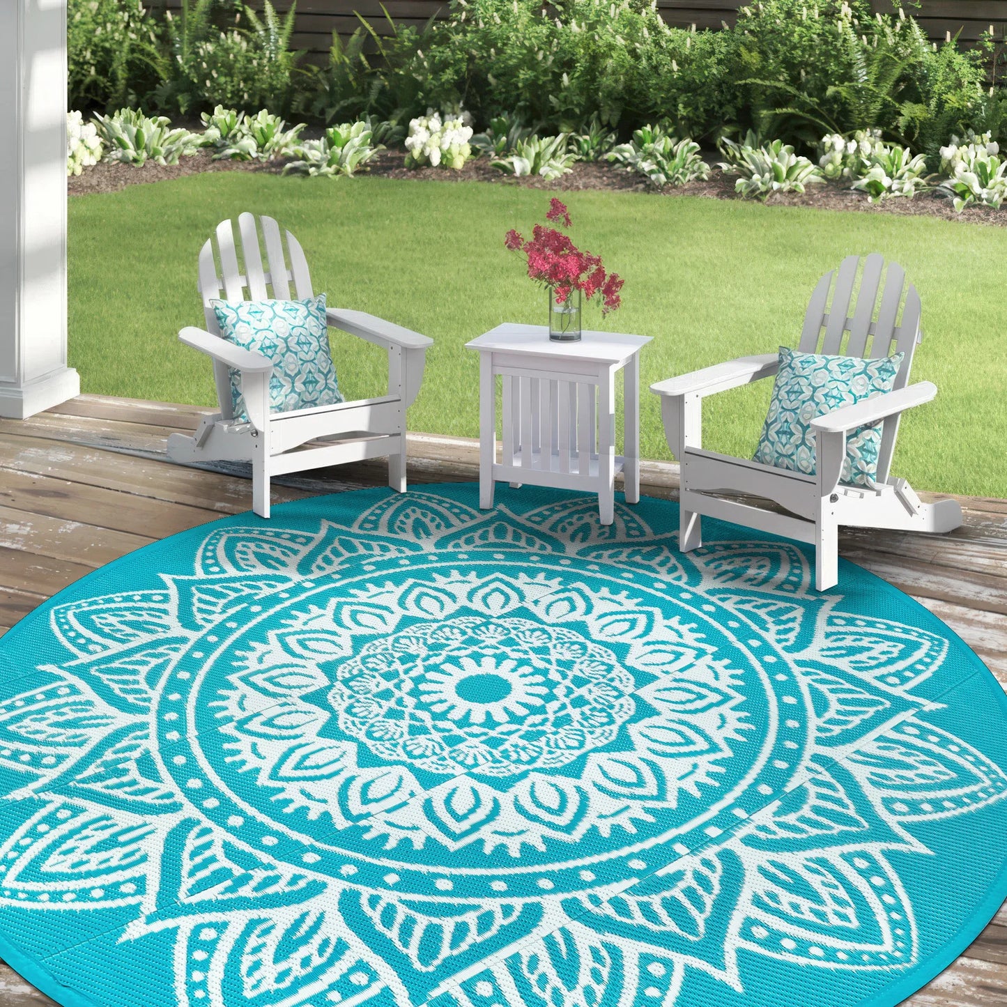 Round Outdoor Rug Reversible Waterproof Plastic Straw Mat Portable RV