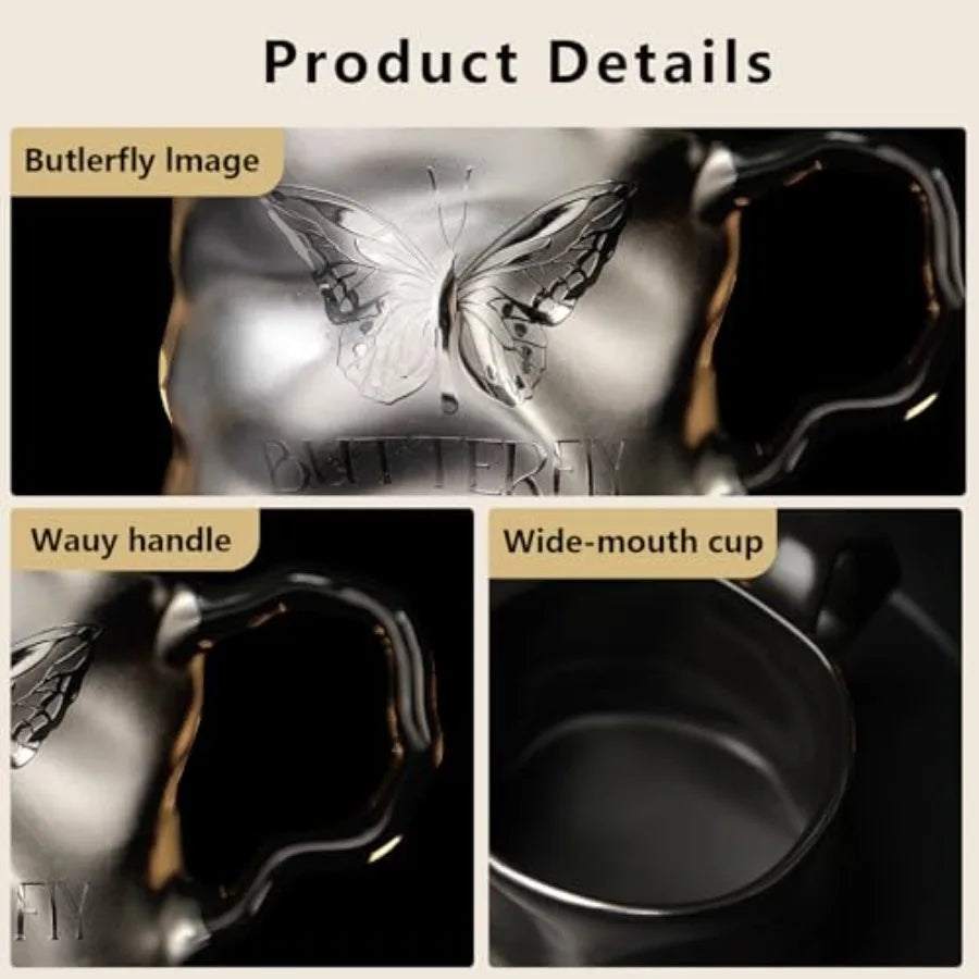 Set of 2 Ceramic Titanium Silver Plating Coffee Mugs for Latte, Cappuccino, Tea, Includes Spoon and Gift Box, Perfect Retiremen