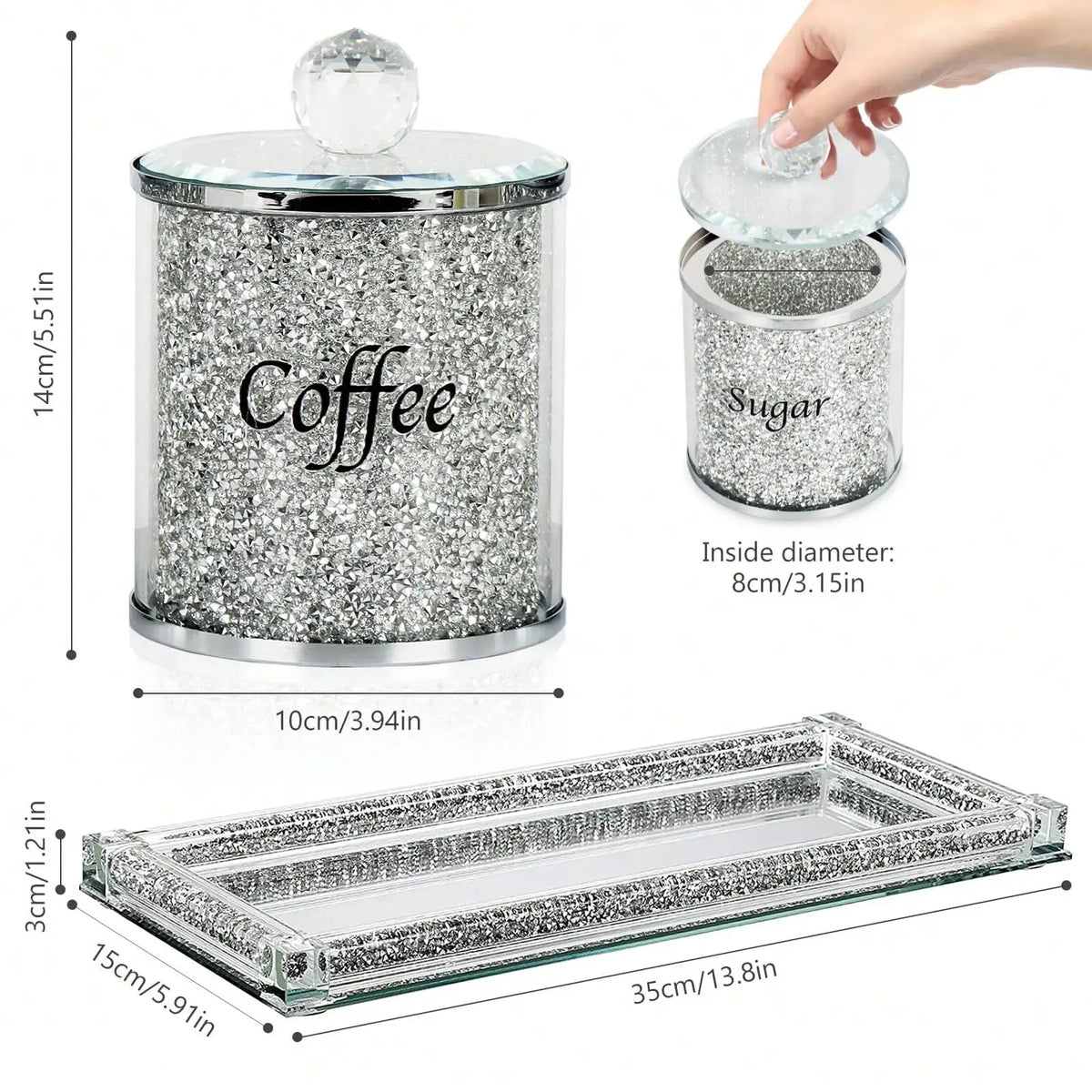 Coffee Sugar Tea Canister Set Sparkly Glam Crushed Diamond Kitchen Storage Container Set 4 Piece Silver Glass Jars With Lids And Mirrored Tray For Kitchen Countertop Coffee Bar Dining Room Home Decor Housewarming Gift