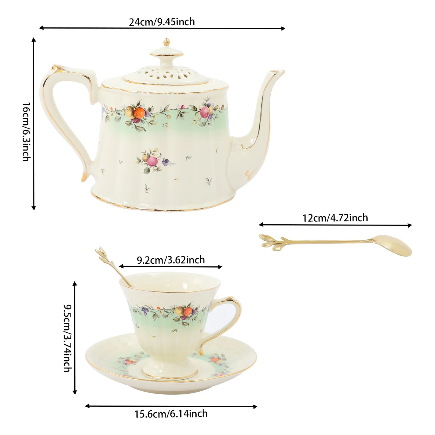Porcelain Tea Set for 2, European Style Ceramic Tea Set with Teapot Cups Saucers, Includes Iron Stand 27oz