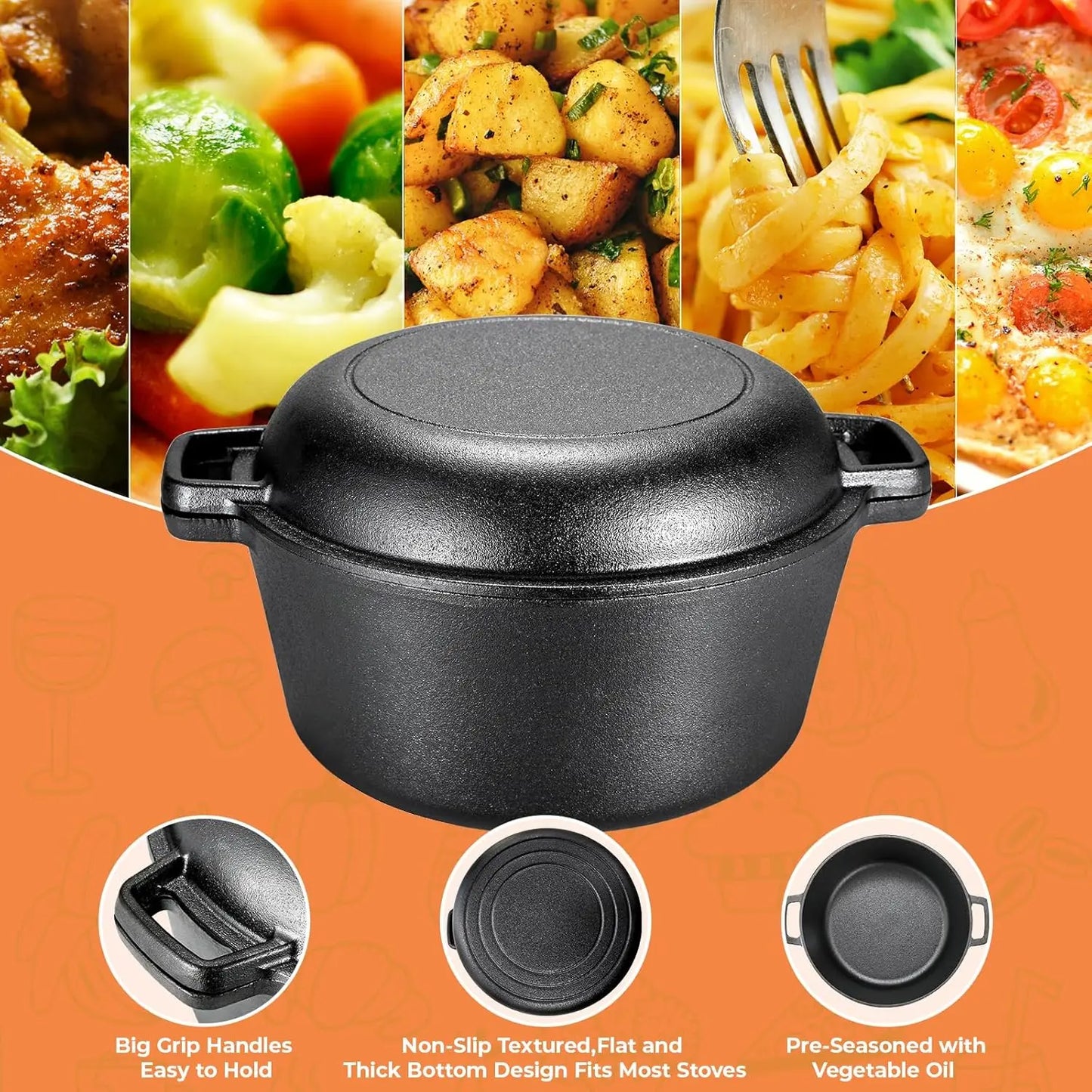 Pre Seasoned Cast Iron Double Dutch Oven With Lid Durable