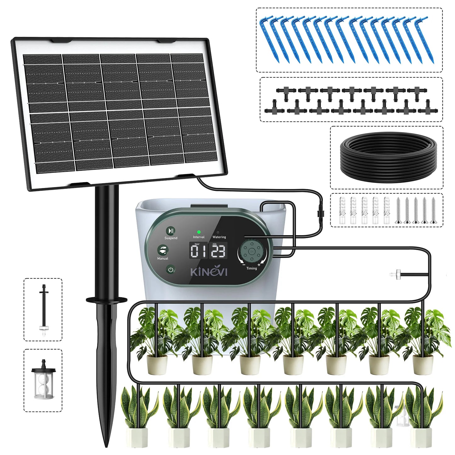 Solar Drip Irrigation System, 3W Automatic Watering System Built in 2200mAh Battery, with 22 Timing Modes 15m Hose&Anti-Siphoning, Suitable for Indoor Outdoor Plants Vegetables Shrubs