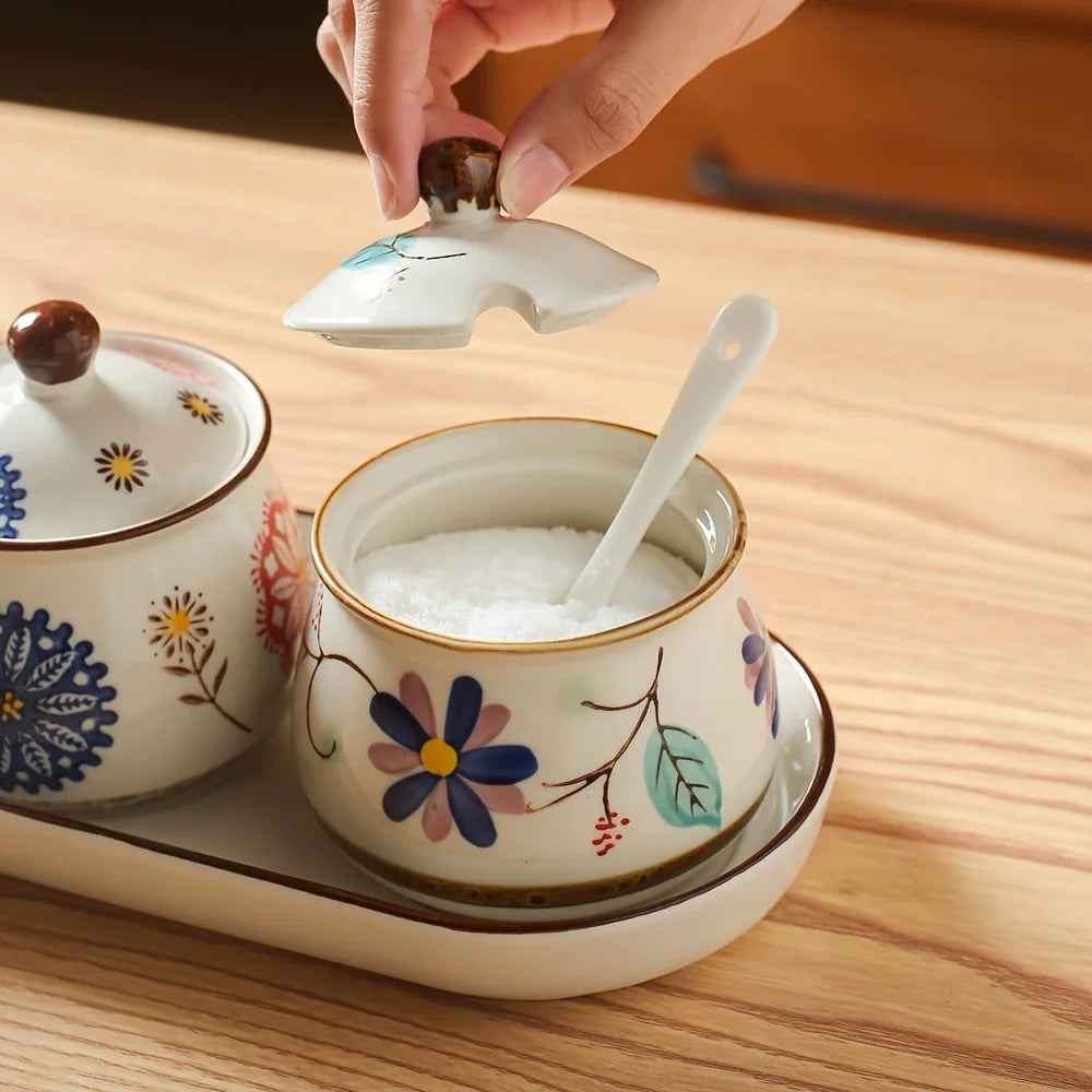 Japanese Ceramic Seasoning Bottles Set With Lids And Spoons
