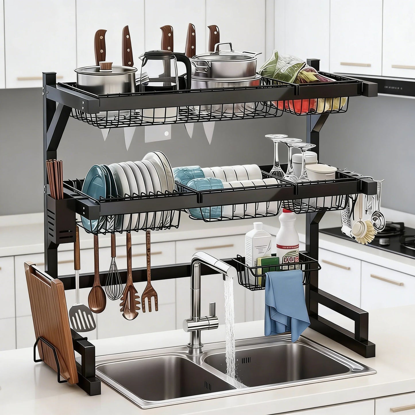 Over-Sink Dish Drying Rack With Utensil Holder And Adjustable Shelves