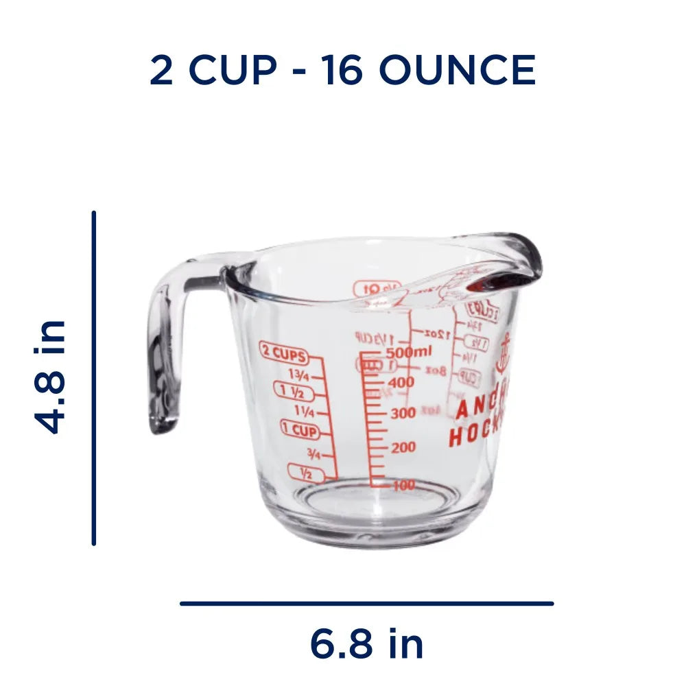 2 Cup Glass Measuring Cup with Spout and Handle Precise Liquid and Dry Food Kitchen Baking Cooking Tool Metric and US Ounce Measurement