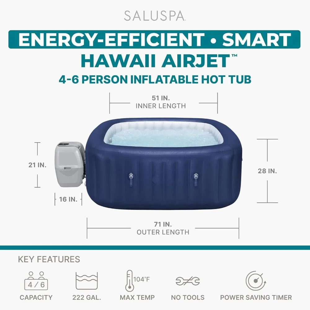 Energy‑Efficient Square Inflatable Hot Tub, Portable Outdoor Spa, 4‑6 Person, 140 AirJets, 71", Custom