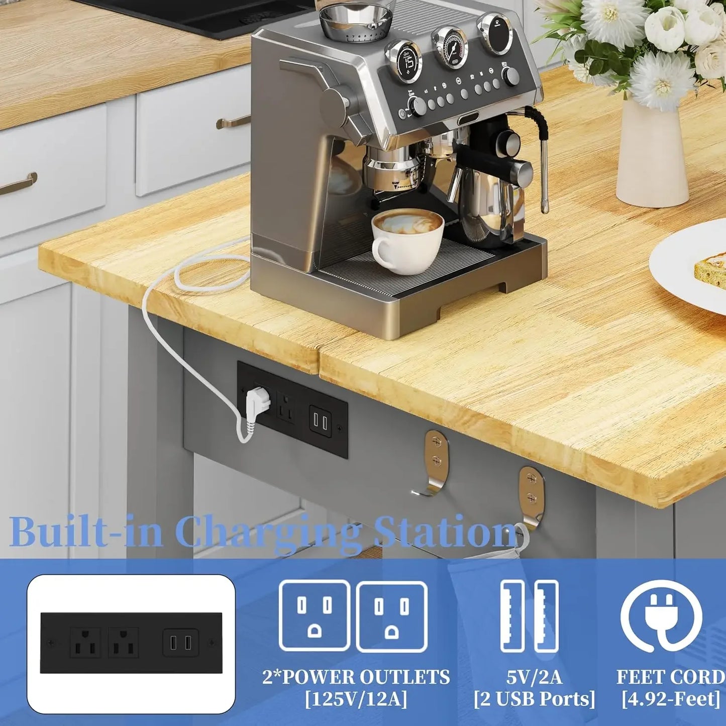 Rubberwood Kitchen Island With Power Outlets And Shelves Farmhouse Style