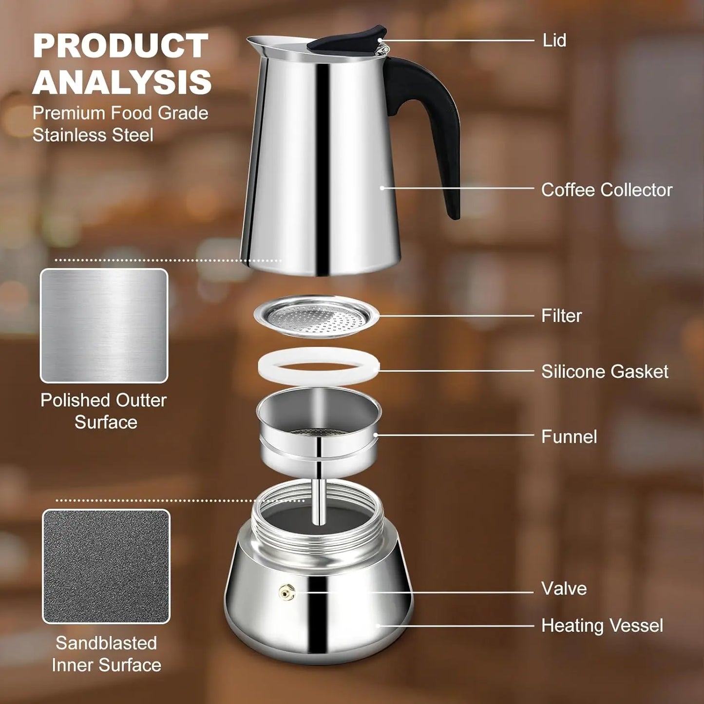 Food Grade Stainless Steel Stovetop Espresso Moka Pot with Safety Valve, Multi Capacity Italian Coffee Percolator, Gas Induction Camping Coffee Maker for Home Cafe Use